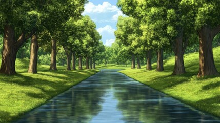 Serene River Flowing Through a Lush Forest, AI