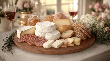 Naklejka premium Cheese and charcuterie platter with beverages.
