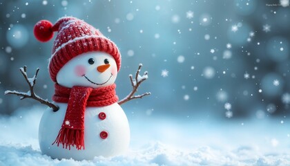 Fototapeta premium Cute Snowman with Red Hat and Scarf in a Snowy Winter Wonderland with Falling Snowflakes-Festive Christmas Scene for Holiday Celebrations