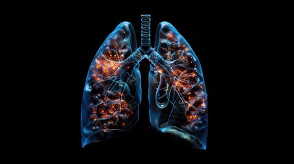 Human lungs with glowing veins and inflamed areas. Concept Medical Visualization, Anatomical Model