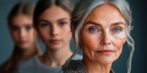 Close-up portrait of a confident older woman with a soft, focused gaze, with two younger women blurred in the background. Represents intergenerational strength and beauty. Ideal for wellness, personal