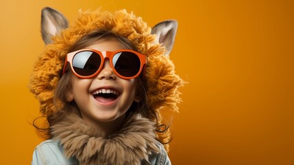 Funny happy child wearing bunny headband and sunglasses on solid blue yellow background.