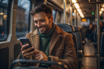 Man with a smile, utilizing a smartphone while commuting on a bus. A carefree expression that captures a happy and connected moment. notions of public transit, technology, and travel
