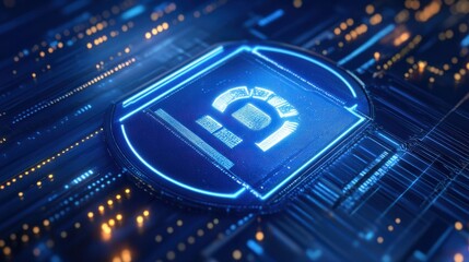 A bank icon on a blue background with white lines and circles in the futuristic style of digital graphics