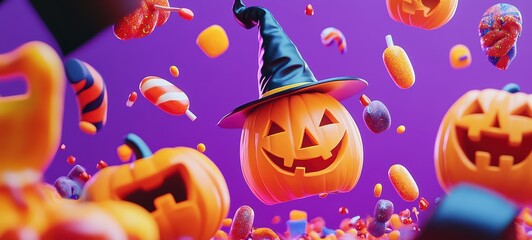 Fototapeta premium A fun and vibrant Halloween banner with bright orange text, surrounded by colorful candy, witches' hats, and smiling pumpkins