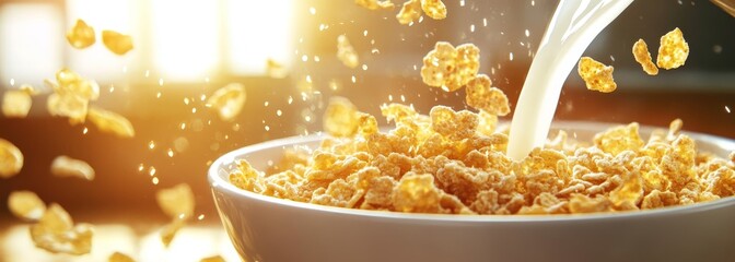 Bowl of cereal flakes with fruits berries and milk breakfast composition background 