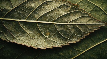   Close-up of a green leaf's vein on top of another green leaf with surrounding foliage in the background