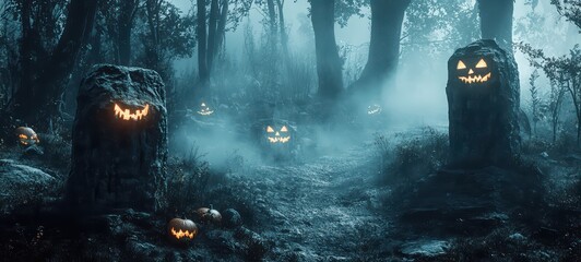 A Halloween party invitation in a haunted forest setting, with the text carved into a stone tablet. Ghostly fog swirls around, with jack-o'-lanterns glowing faintly from the shadows
