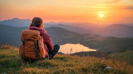 Hiker enjoying a sunset view over mountains.