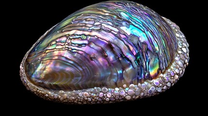 A vibrant, detailed image of an iridescent abalone shell in crisp 16:9 aspect ratio.