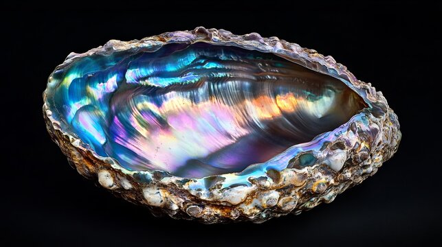 A vibrant, detailed image of an iridescent abalone shell in crisp 16:9 aspect ratio.