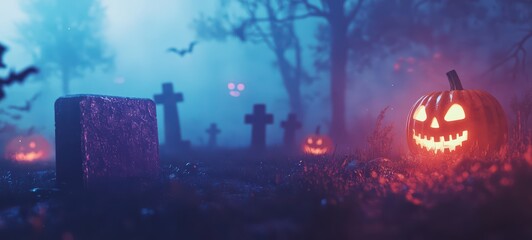 Obraz premium A Halloween party invitation with bold, gothic letters on a foggy graveyard scene