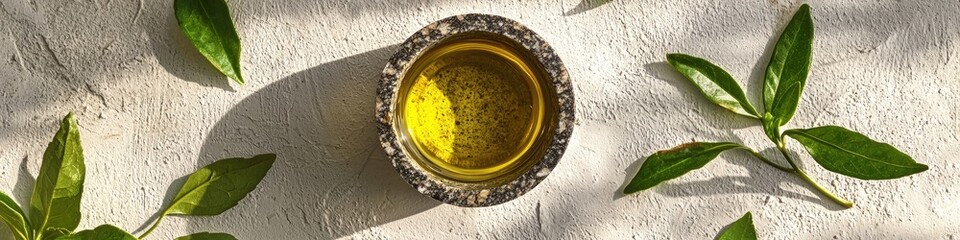 tea tree leaf essential oil and mortar top view. Selective focus