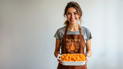 Smiling woman holding a sweet potato casserole, wearing a Thanksgiving apron with a turkey design. Comforting expression. Isolated on clean background with copy space. 
