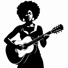 Obraz premium Black woman playing acoustic guitar in silhouette. Stylized graphic portrays musical performance with distinctive hairstyle visible in profile. Concept: music education, cultural expression