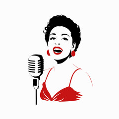  Woman singing joyfully into a vintage microphone with red accents on a light background
