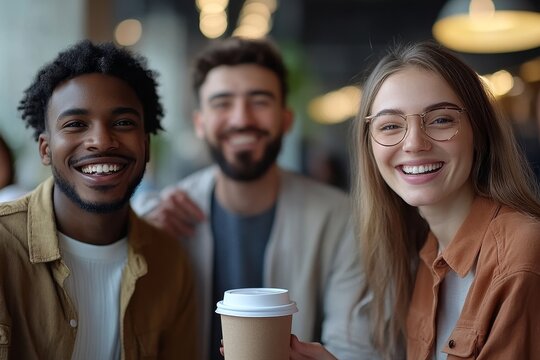 Multi-ethnic group of business people smiling cheerfully while chatting during coffee break in office, copy space, Generative AI
