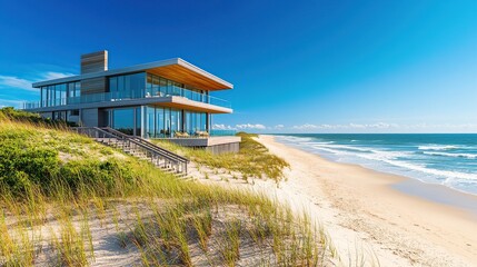 Obraz premium Modern beach house overlooking sandy shore.