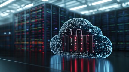 Data center with secure cloud locks, representing advanced digital protection and network security in a high-tech environment.