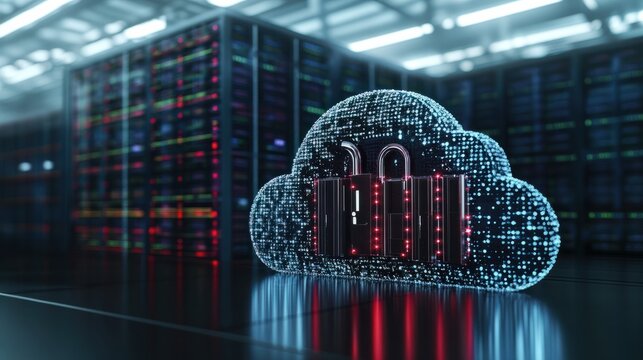 Data center with secure cloud locks, representing advanced digital protection and network security in a high-tech environment.
