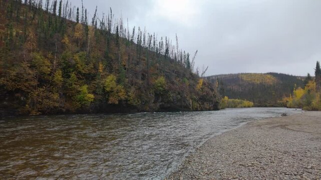 Chena River of Alaska with Clouds and autumn foliage