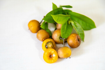 Ora-pro-nóbis Pereskia aculeata with ripe fruits and thorns on the surface