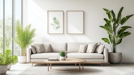Modern living room with plants and artwork.