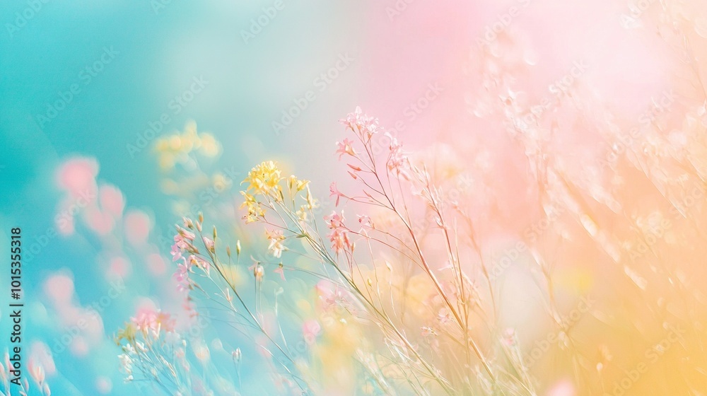 Canvas Prints   A clear photo of various flowers against a multicolored backdrop of blue, pink, yellow, and green