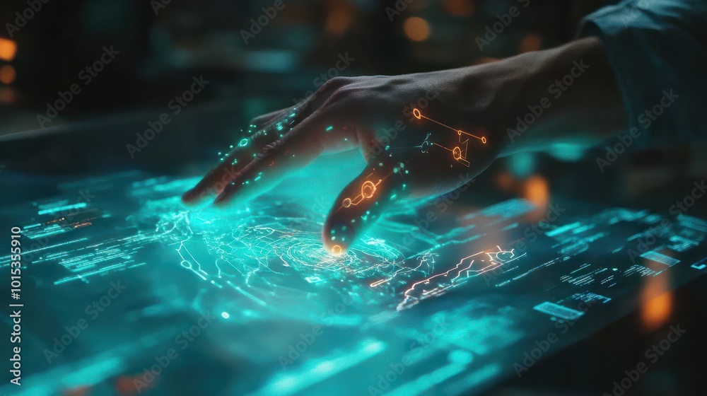 Poster hand-touch digital hologram and innovative internet system on vr cyberspace interface with virtual c