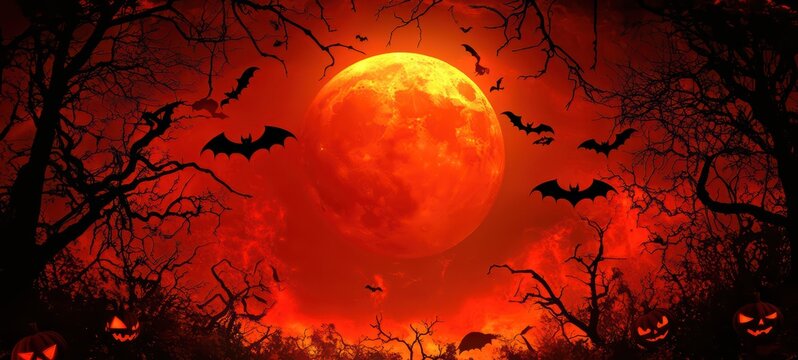 A spooky Halloween banner featuring black text against a glowing red moon backdrop