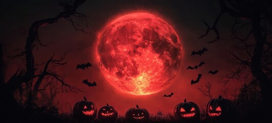 A spooky Halloween banner featuring black text against a glowing red moon backdrop