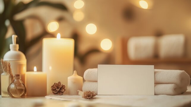 Spa gift certificate mockup with candles and oils