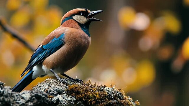 A Eurasian jay perches on a rock, its blue and brown feathers contrasting with the blurred background of fall foliage