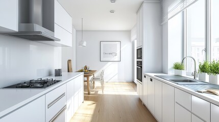 Fototapeta premium Modern white kitchen interior with appliances, hardwood floors, sink, stove, oven, and hood. Minimalist cooking space in a modern apartment.