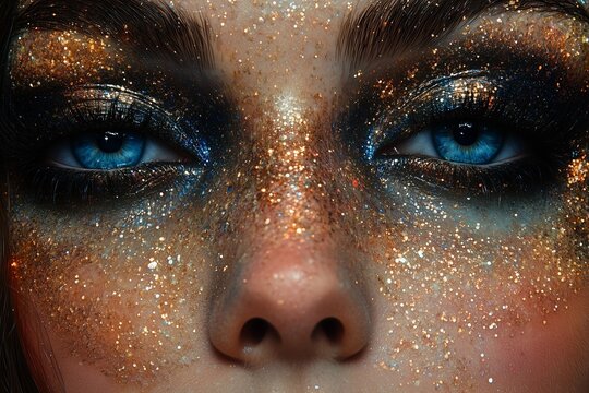 Dramatic smokey eye makeup with gold glitter and blue eyes