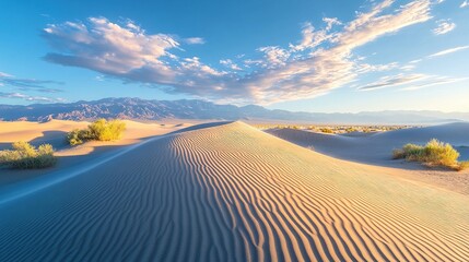 Fototapeta premium Serene desert landscape at sunset with dunes.