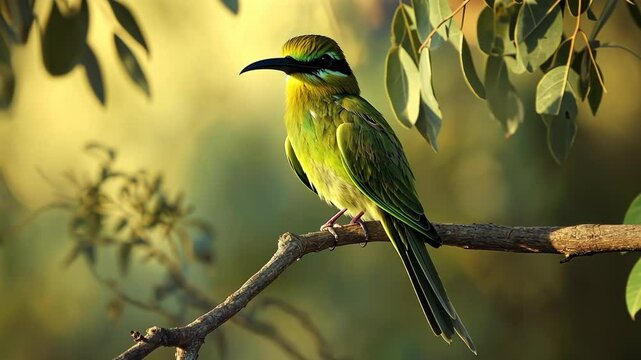 A green bee-eater perches on a branch in a forest
