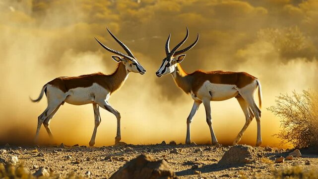 Two springboks face each other in the dusty savanna, illuminated by the golden light of the setting sun