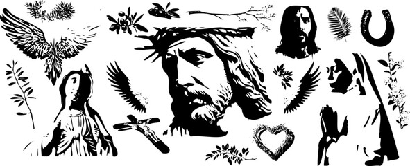eligious symbols, including a cross, wings, a heart, a crown of thorns, and a palm leaf. This image is perfect for use in a variety of projects, including websites, social media, and print materials.