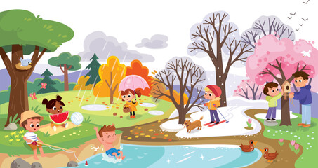 illustrating four seasons concept. Change of seasons. Four times of year in one picture  Spring, summer, fall and winter simultaneously in same image, various seasons vector illustration. 
