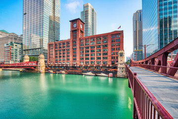 Chicago Downtown Cityscape with Chicago River at Sunrise