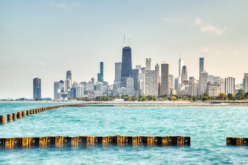 Naklejka premium Chicago Skyline over the Lake Michigan during a Sunny Day