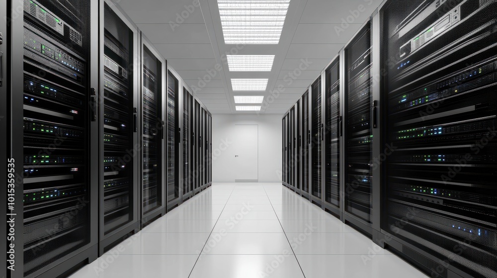 Poster server racks in computer network security server room data center.