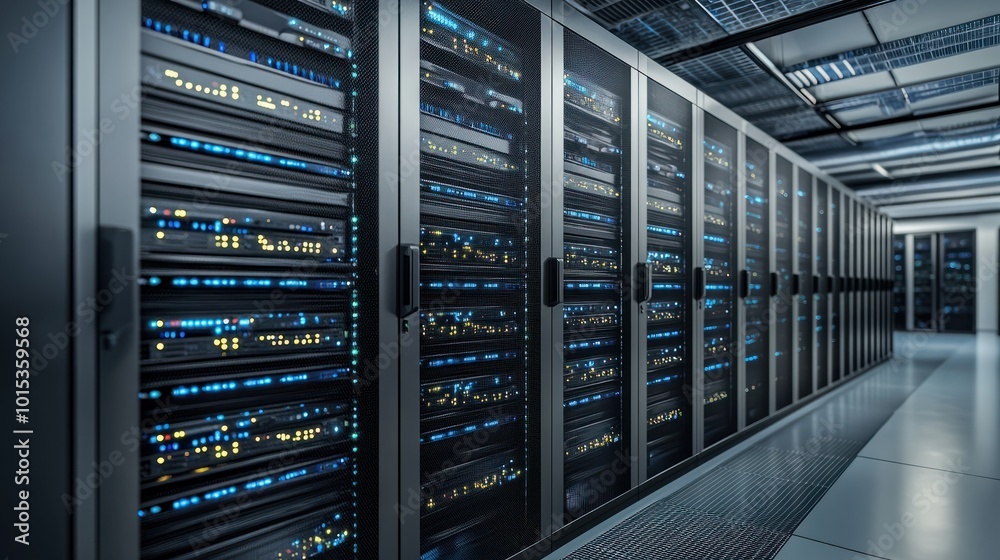 Poster server racks in computer network security server room data center.