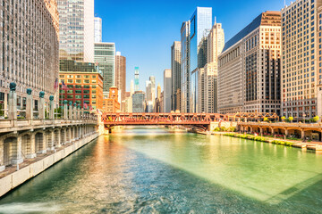 Chicago Downtown Cityscape with Chicago River during a Sunny Day, Illinois  