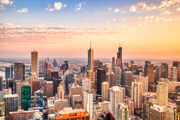 Chicago Aerial Skyline View at Sunset