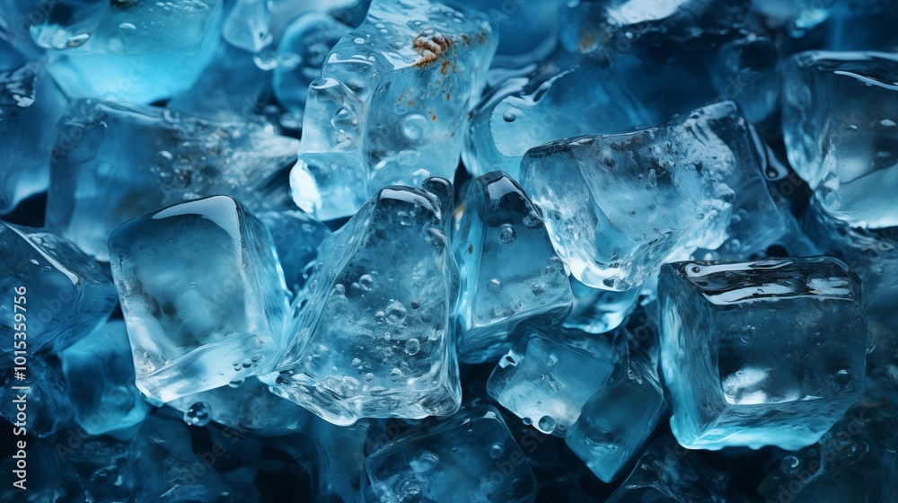 Wall mural ice texture background. the textured cold frosty surface of ice block on blue background.