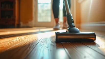 Sunlight Illuminates Clean Wooden Floor, A person vacuums a sun-drenched wooden floor, creating a scene of domestic cleanliness and warmth. Perfect for home decor, cleaning product advertisements.