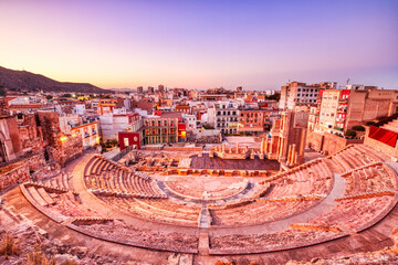 Illuminated Roman Theatre in Cartagena at Dusk, Spain