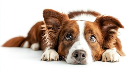 Brown and white border collie dog lying down with a sad expression, looking up with large expressive eyes, isolated on a white background